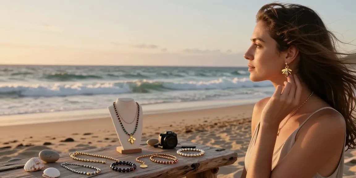 Beautiful woman wearing british handmade jewellery on the beach, showcasing elegant seaside style.