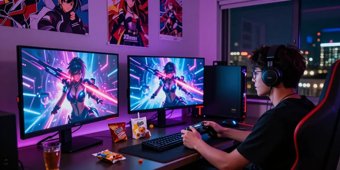 Engaging mind control hentai gaming scene with vibrant screens and gaming gear.