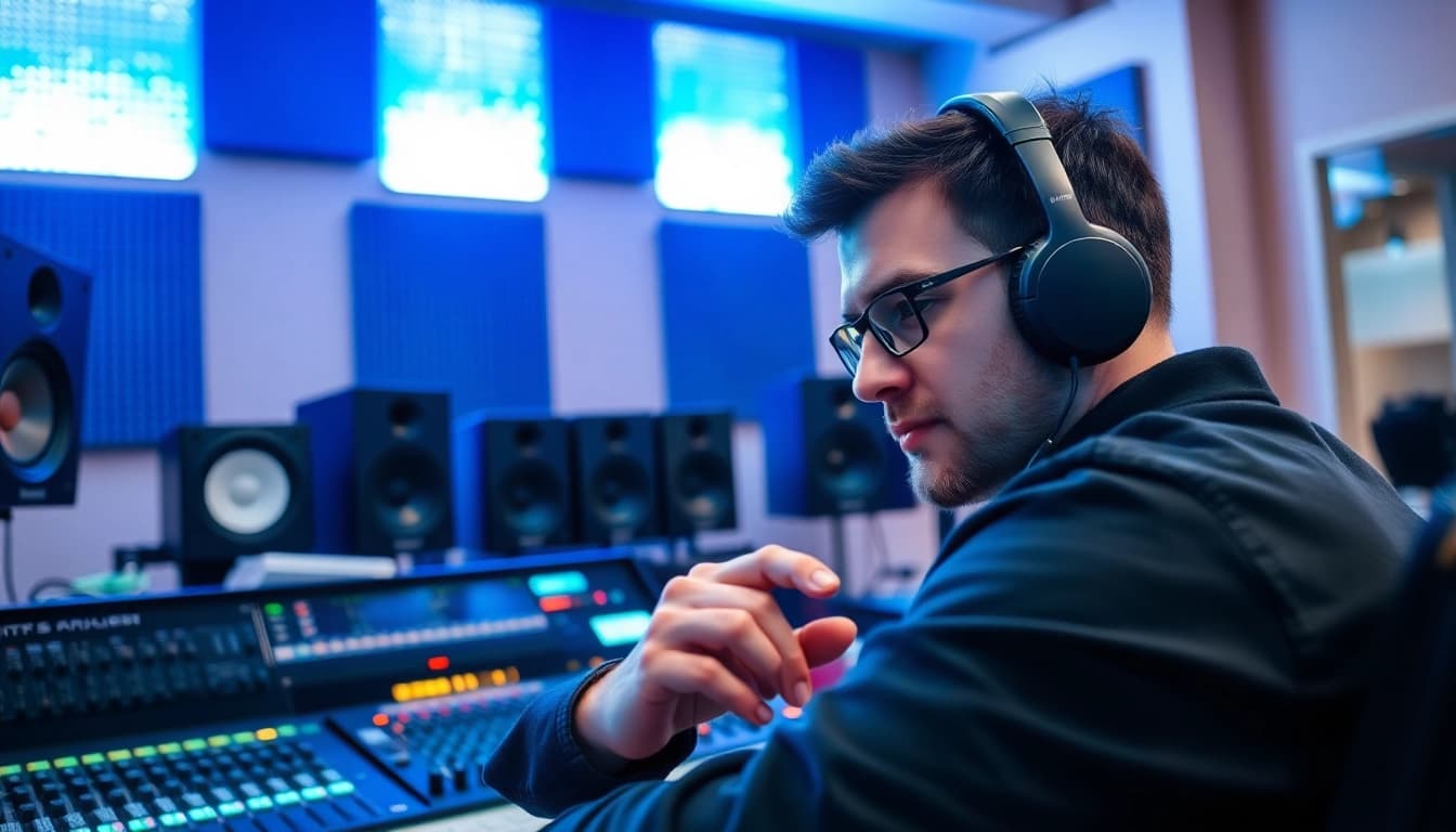 Engaging professional mastering sound engineer using online mastering services in a vibrant studio.