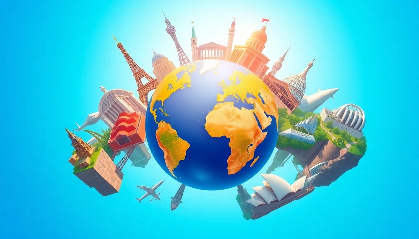 Colorful representation of Round the world destinations featuring iconic landmarks around a globe.