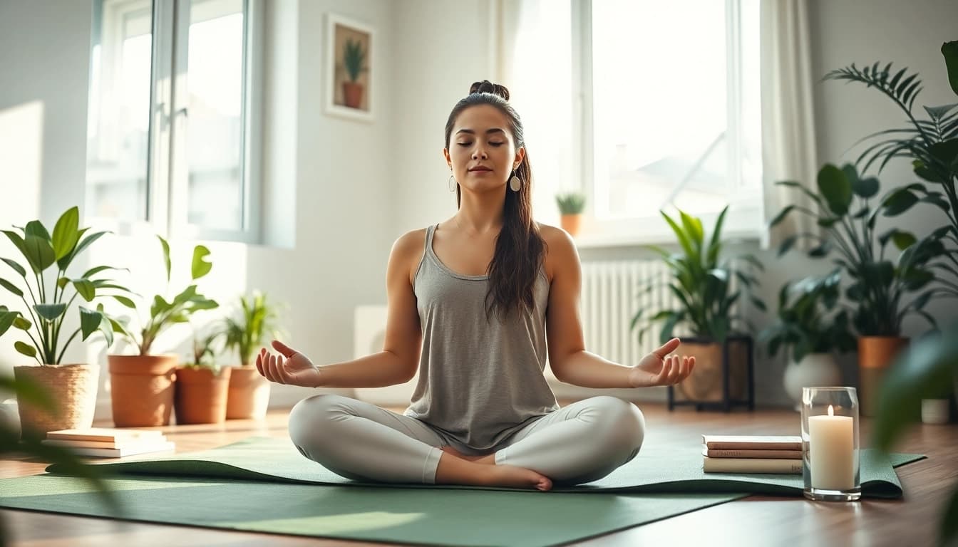 Embracing mental wellness, a woman meditates peacefully in a bright, serene workspace filled with greenery.