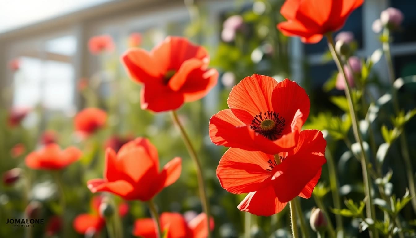 Gorgeous Jo malone Poppy scarlet flowers in vibrant bloom against a serene garden backdrop.