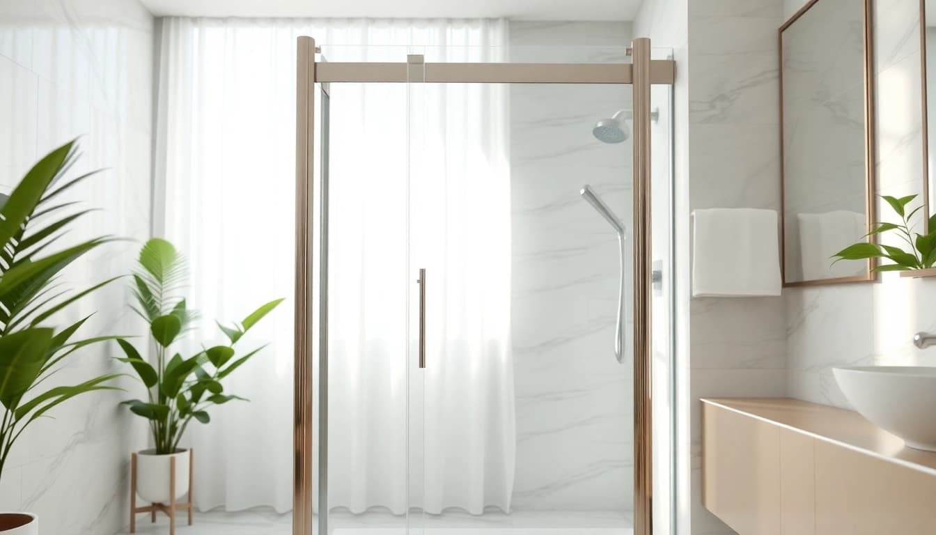 Stylish shower screen door showcasing modern design and sleek finish in a bright bathroom.