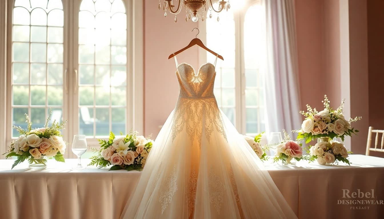 Elegant wedding attire showcasing Rebel Designerwear on a beautifully arranged bridal table.