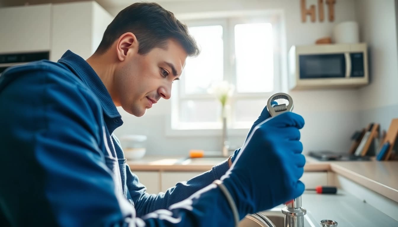 Find a reliable plumber near me fixing a sink in a modern kitchen.