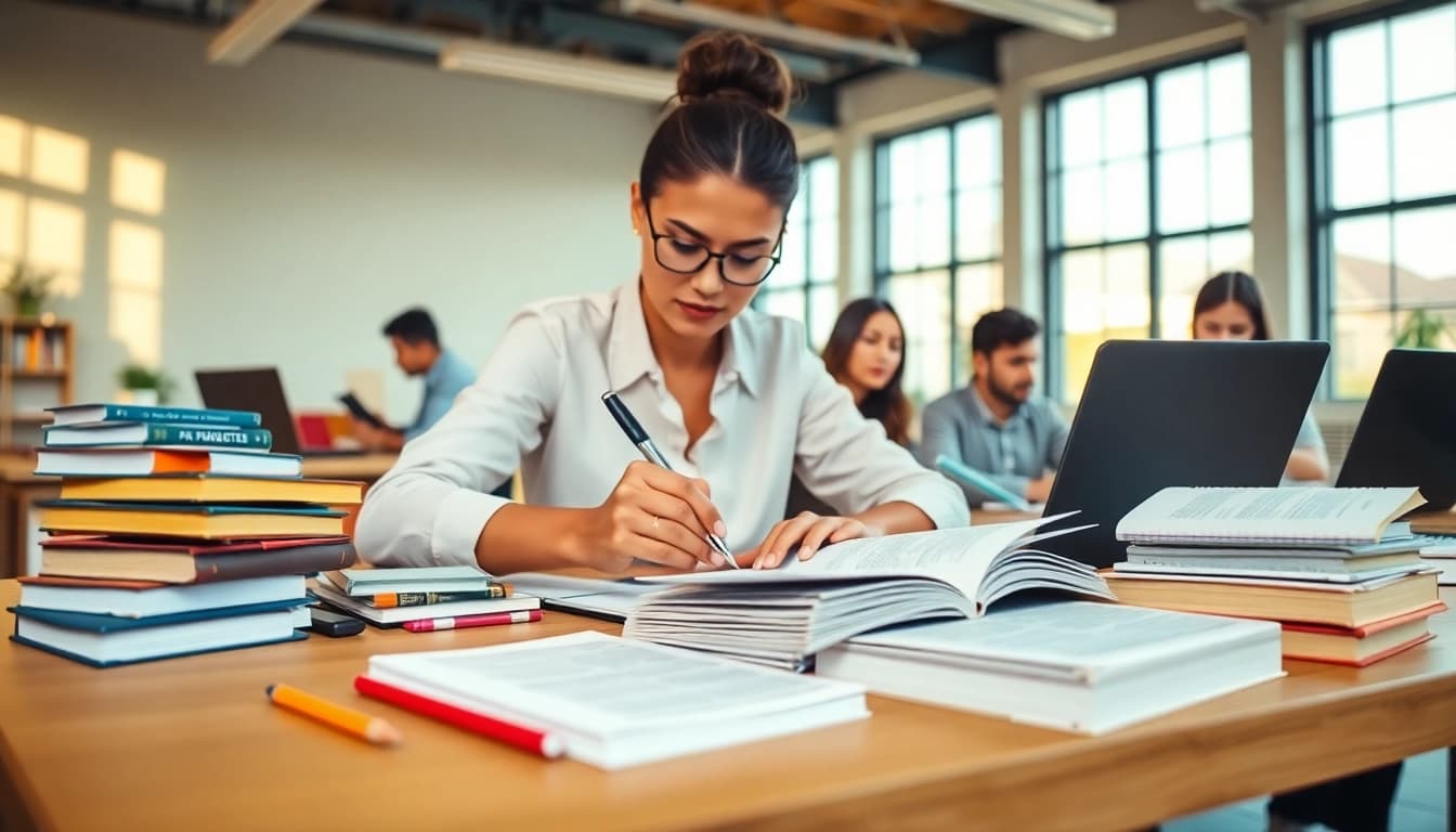 Students utilizing exam assistance services in a bright study space, focused on preparation.