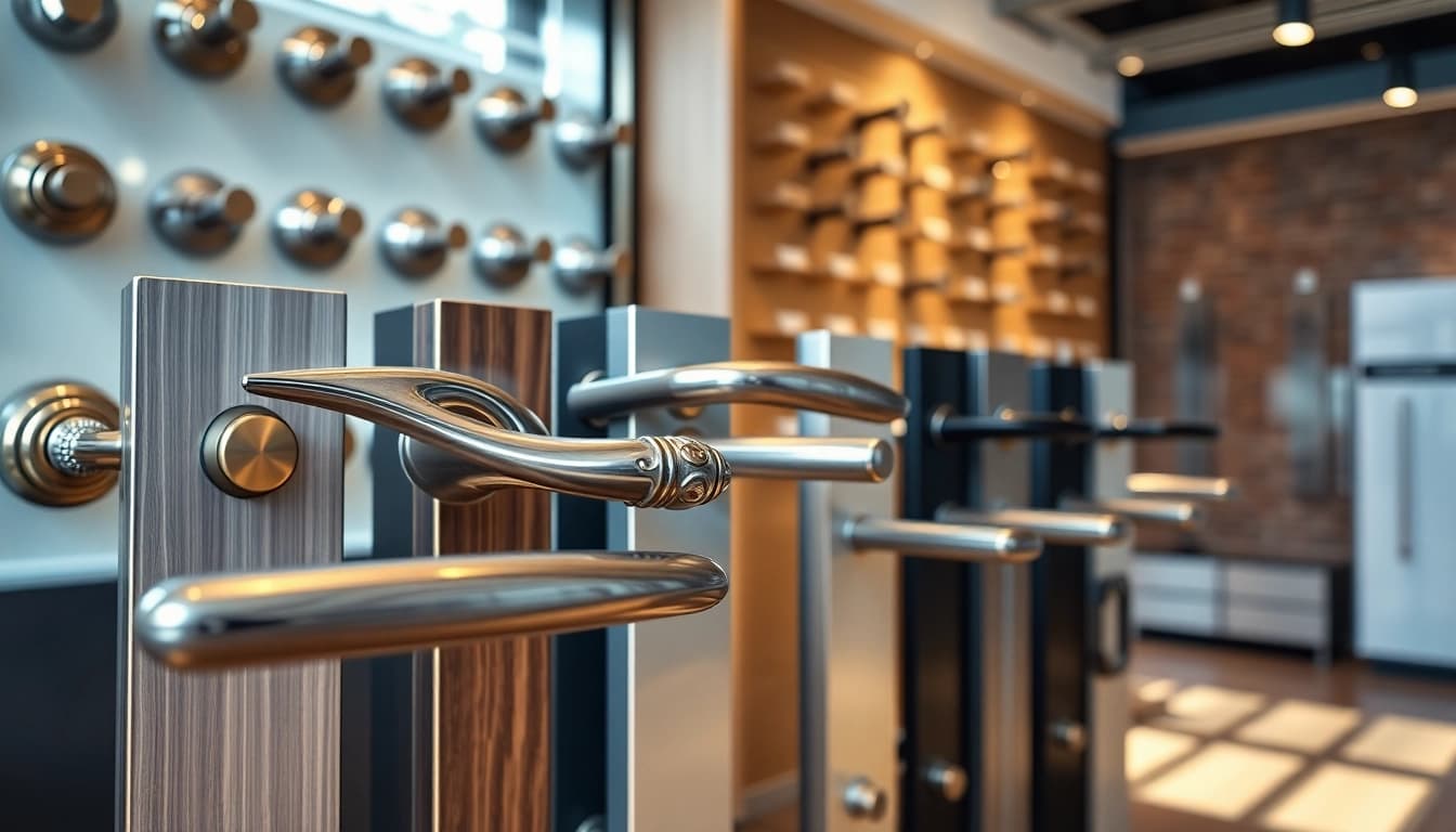 Showcase of stylish door handles by Door Handle Company in a modern showroom setting.