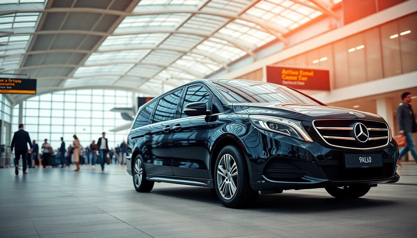 Airport transfer service vehicle heading to Heathrow, Gatwick with a busy terminal backdrop.