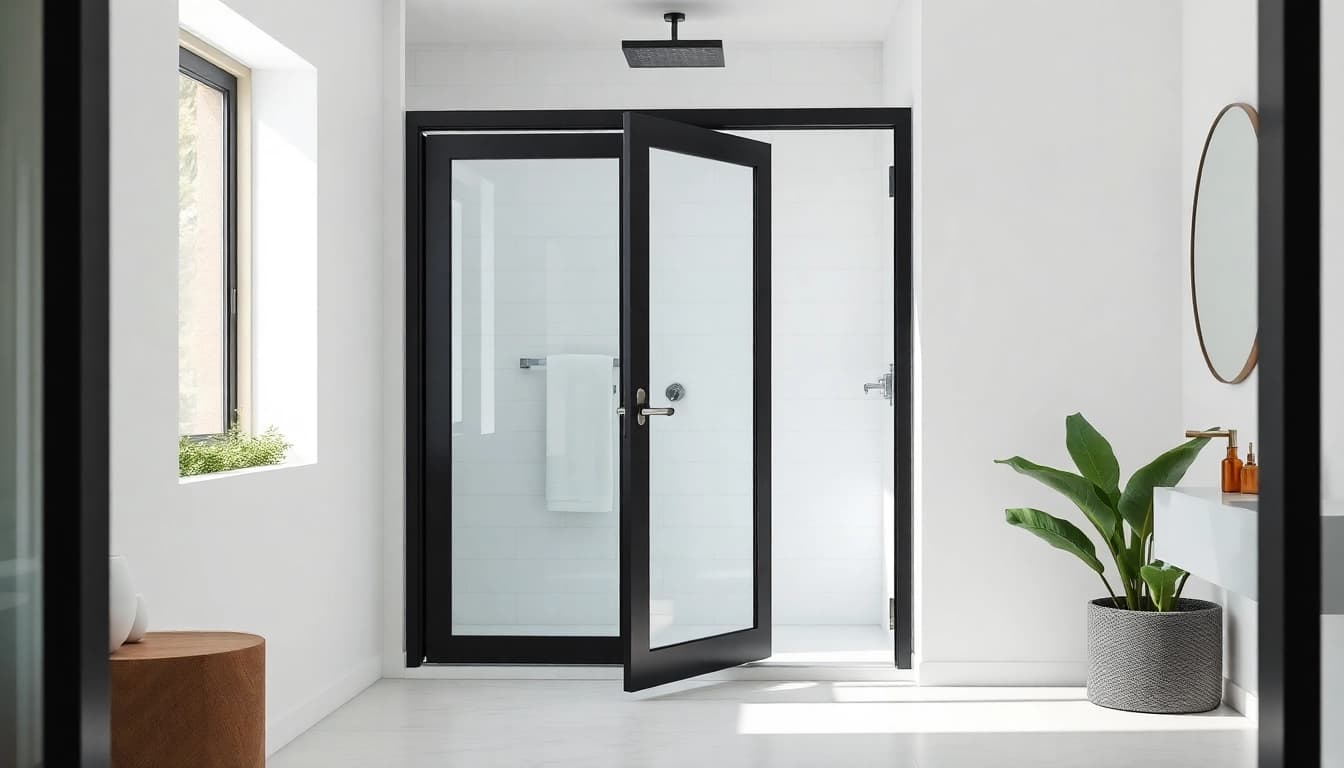 Showcase of black frame shower doors in a modern bathroom setting highlighting elegant lines.