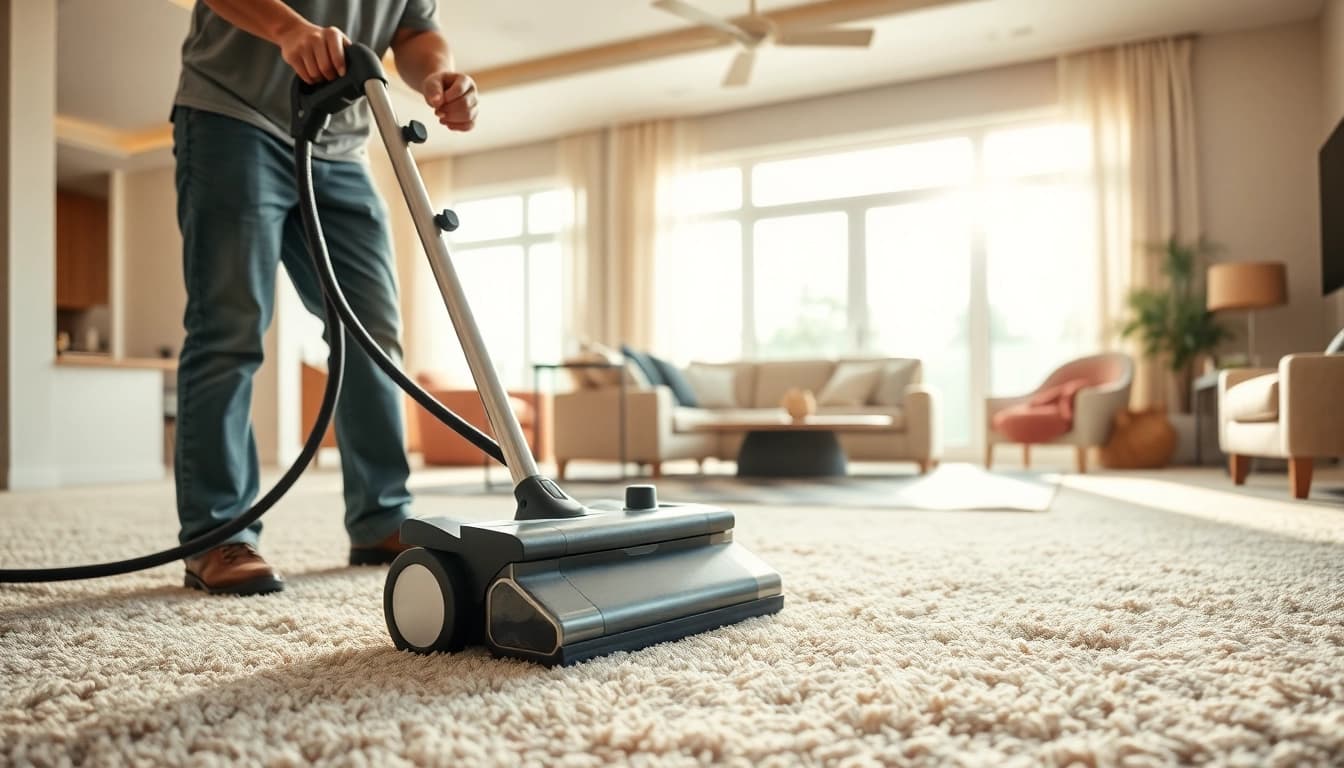 Carpet cleaners in Glasgow using advanced equipment to revitalize carpets in a cozy home setting.