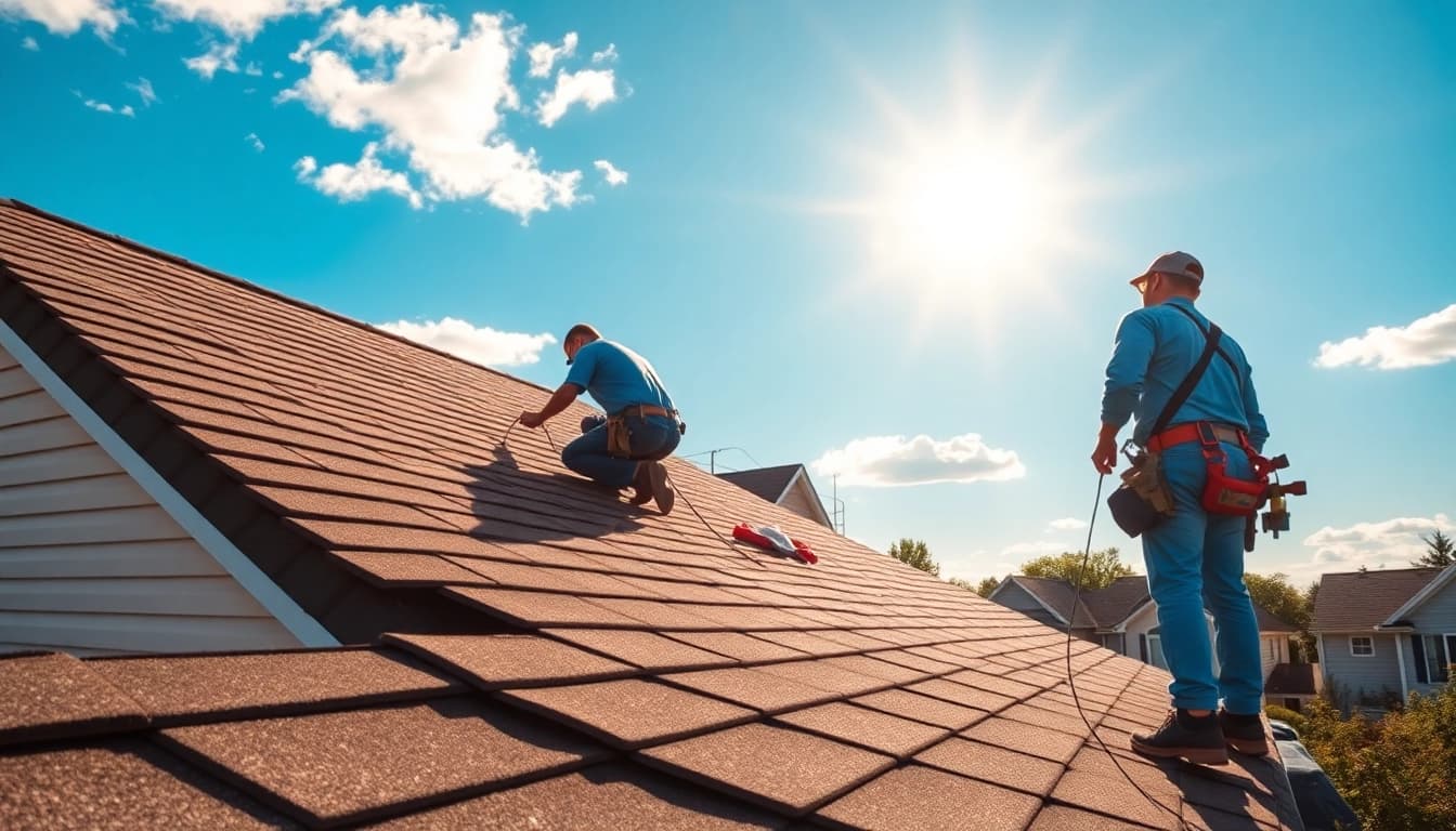 Roofing experts in South Jersey performing repairs on a residential building.