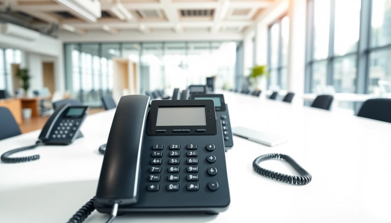 Showcasing business phones in a modern office, highlighting their professional design and functionality.