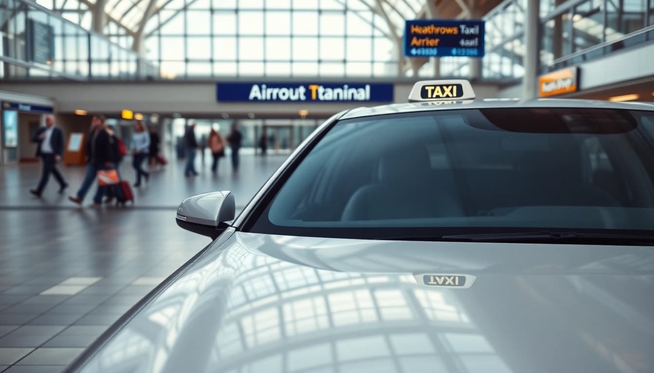 Catch a glimpse of a Heathrow airport transfer taxi parked outside the terminal, ready for travelers.