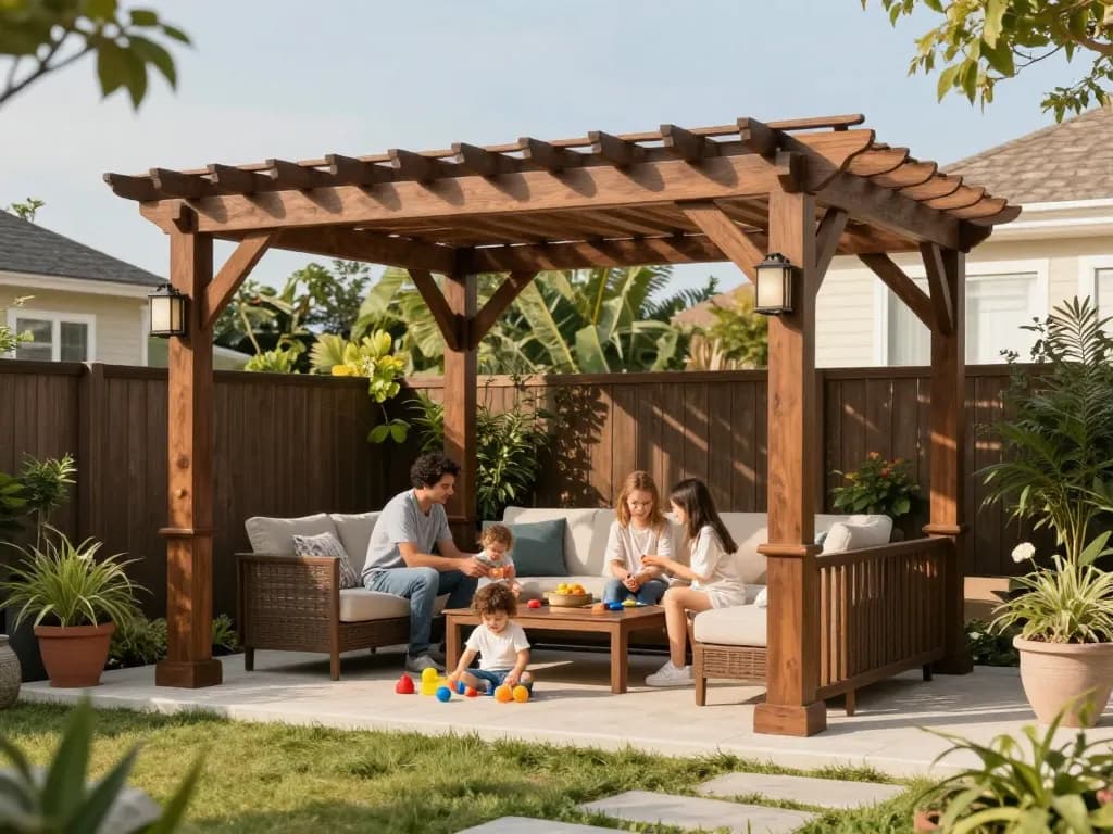 3D pergola providing shade for family enjoyment in a vibrant backyard setting.