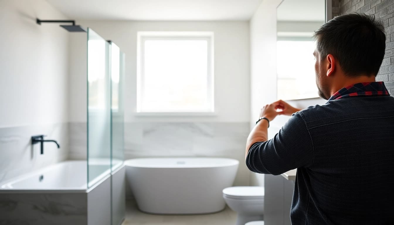 Skilled bathroom fitter Manchester installing tiles in a modern space professionally.