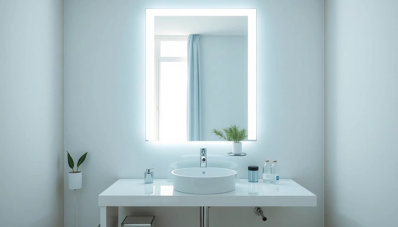 Bright LED mirror bathroom reflecting modern design with soft natural lighting.