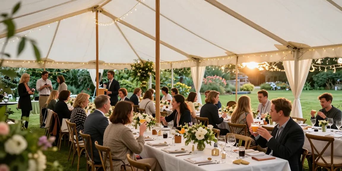 Stunning marquee hire London setup with decorated tables and a joyful atmosphere.