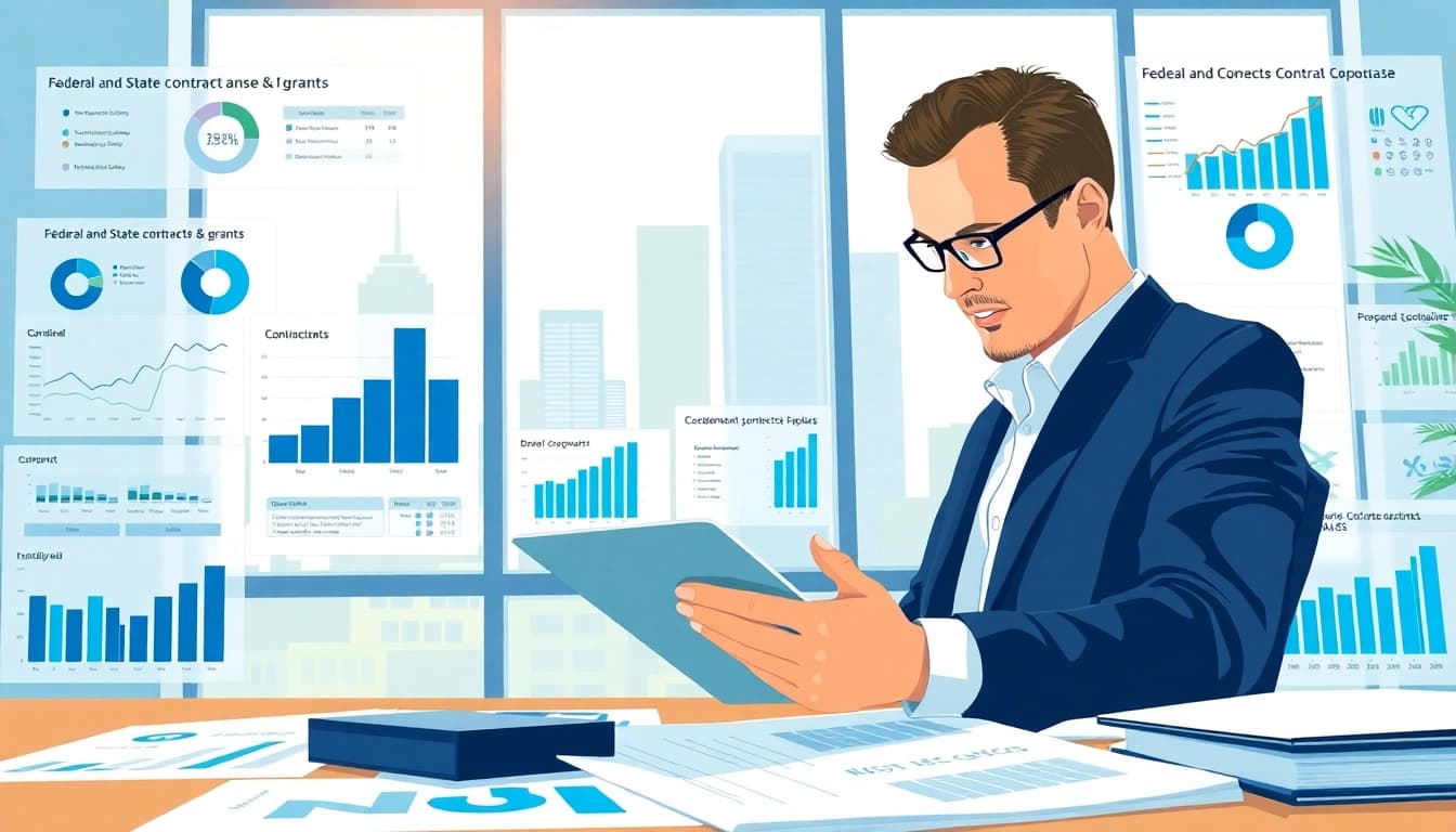 Engaging consultant analyzing Federal and State contracts and grants amidst modern office visuals.