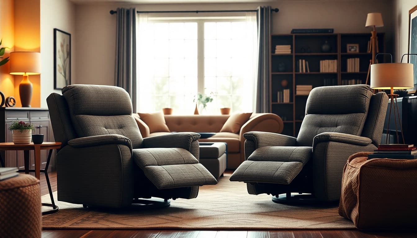Comfy power lift recliners with heat and massage in a cozy living room setting.