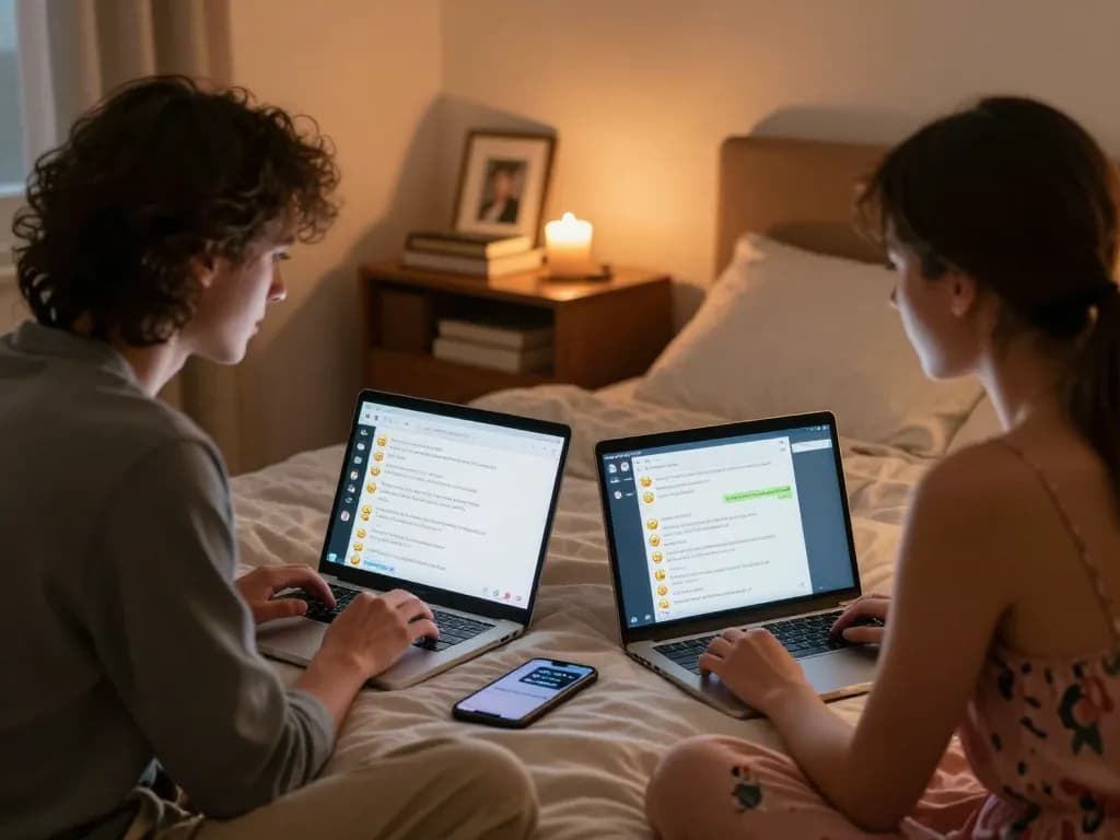 Engaging sexchat scene with adults connecting intimately in a cozy bedroom.