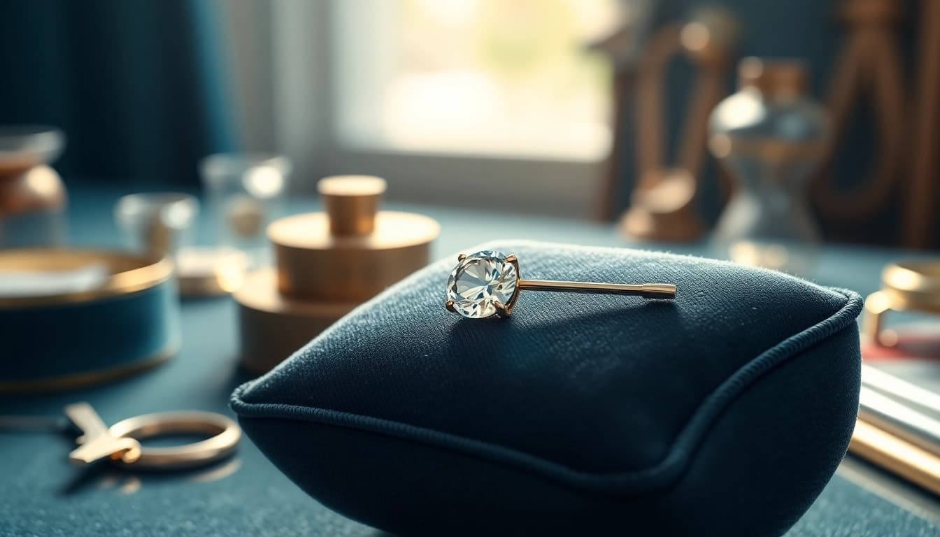 Admire this stunning diamond nose pin showcasing its brilliance on a luxuriously muted cushion.