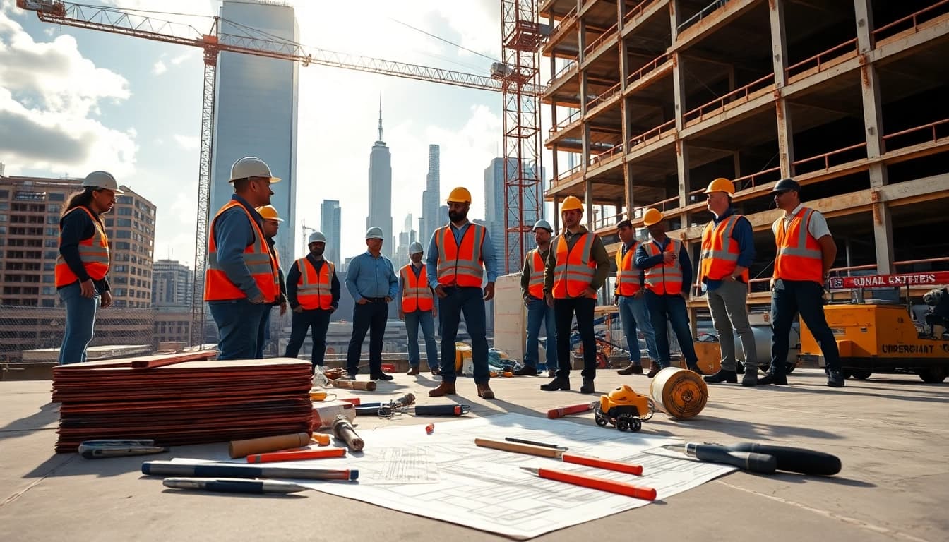 New York General Contractor managing a diverse construction team at a bustling site.