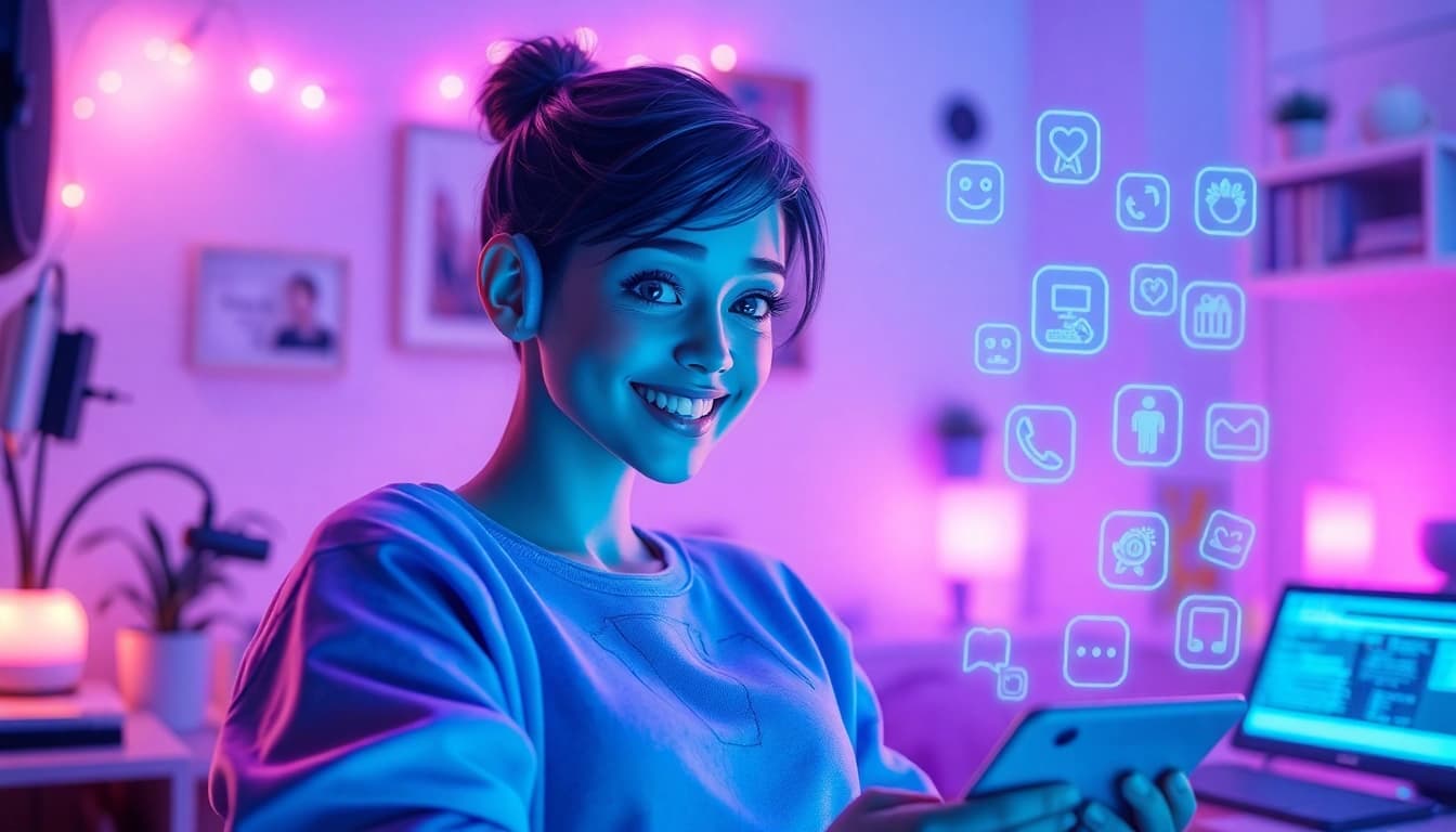 AI girlfriend providing companionship and engaging in a friendly chat, surrounded by futuristic digital elements.