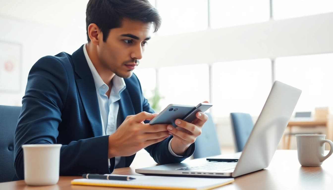 Sell Phone Cash Bryant AR transaction with a professional young adult examining a smartphone at a modern desk.