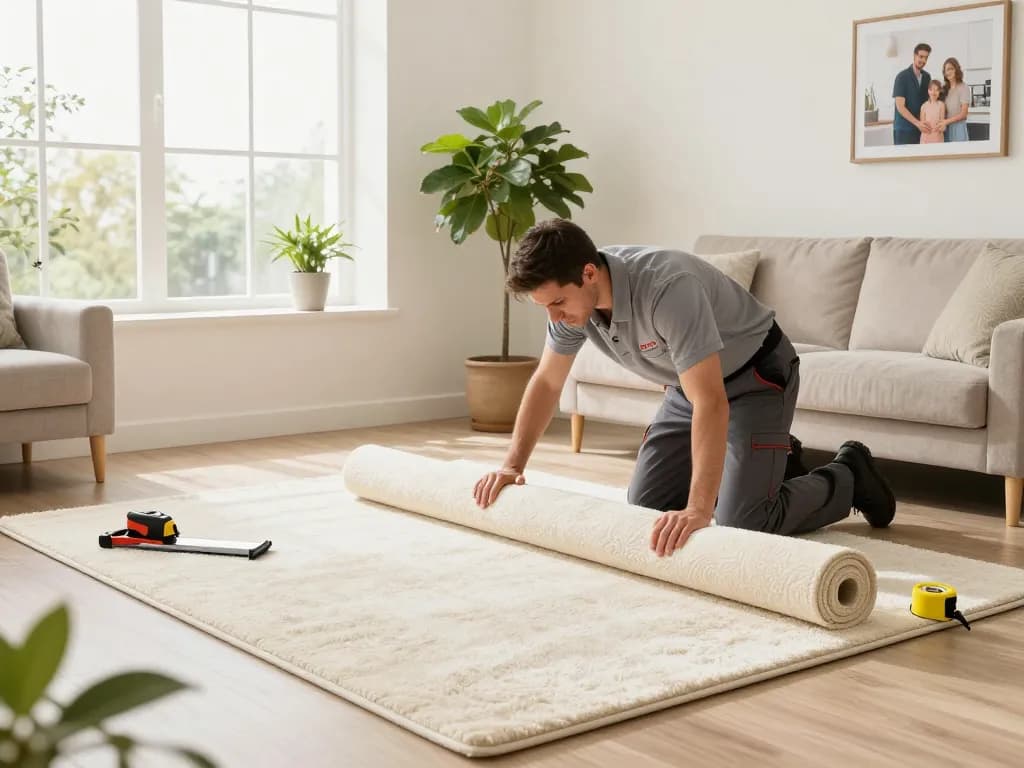 Residential carpet installation in a bright living room with a professional installer and cozy decor.