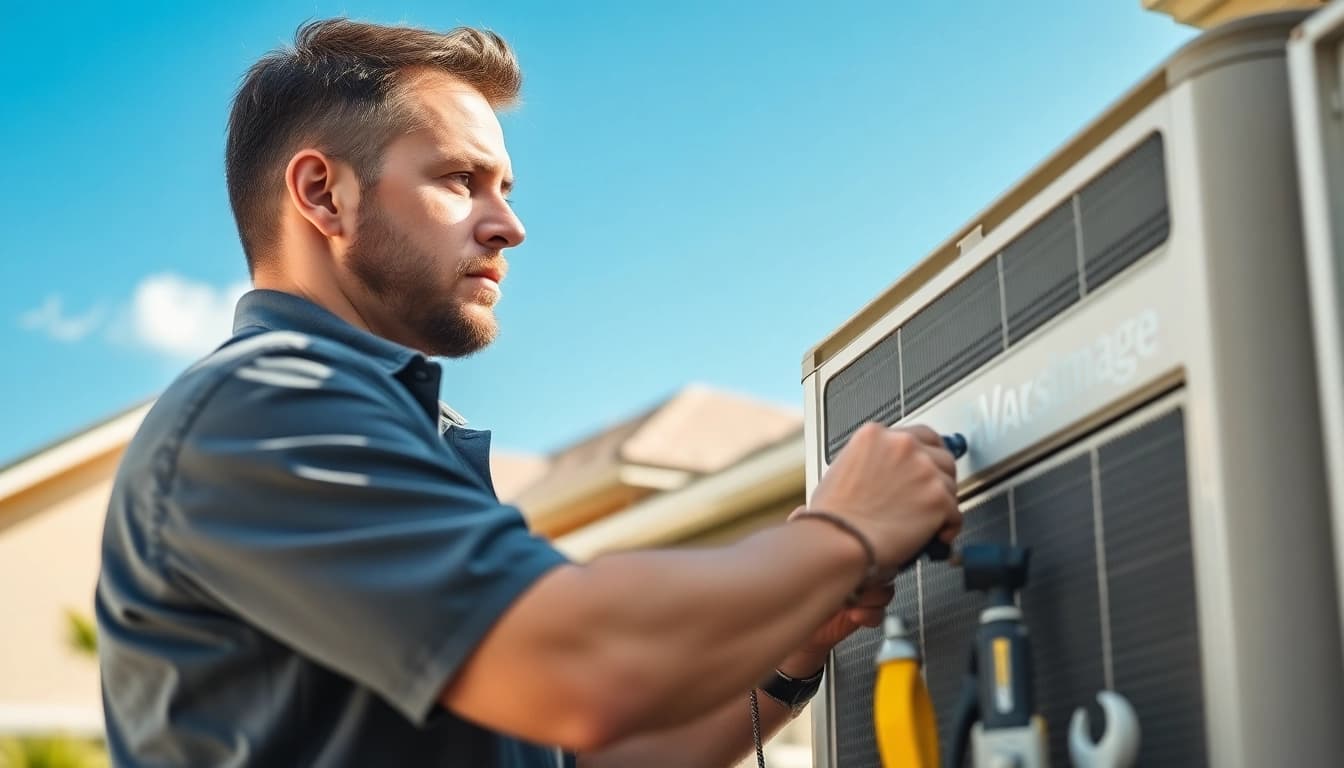 AC Repair Tampa with a technician diligently fixing an air conditioning unit in a sunny setting.
