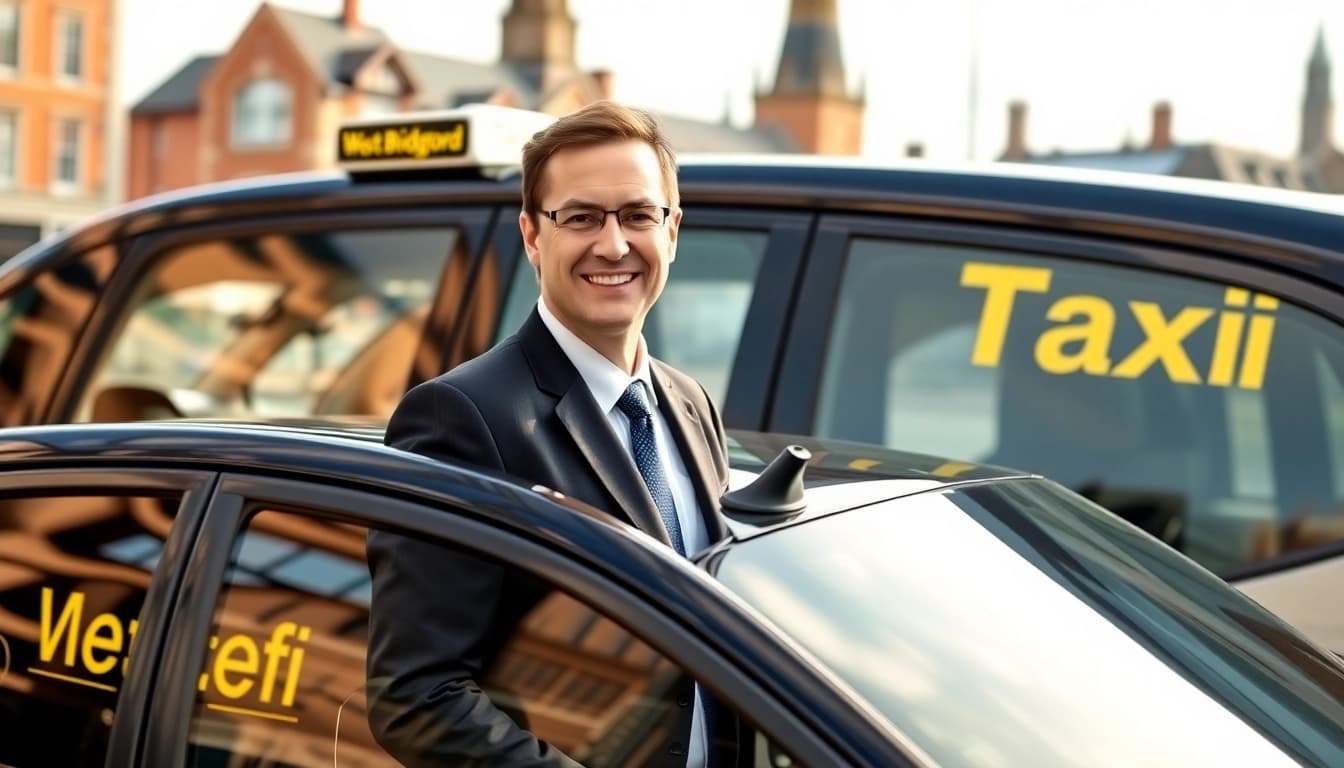 Experience reliable West Bridgford Taxi service with a professional driver beside a luxury taxi.