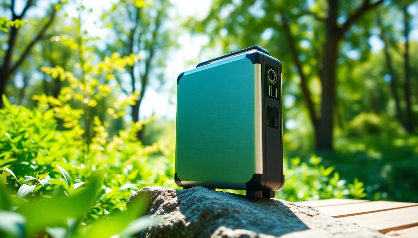 EcoFlow portable power station on a rock in an outdoor setting, showcasing its features.