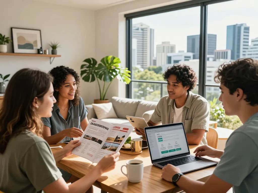 Experience hassle-free Airbnb management in Brisbane with a vibrant apartment scene featuring tourists exploring local attractions.