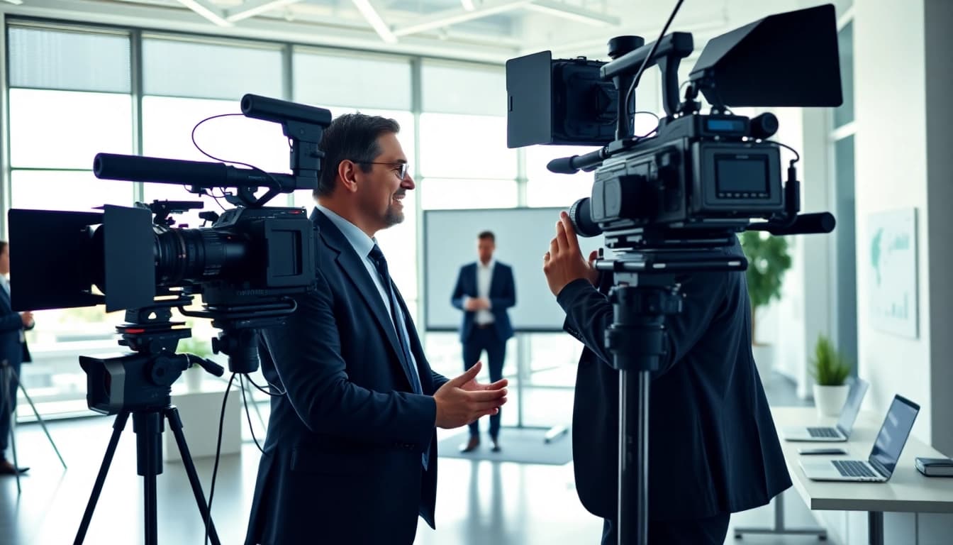 Engaging corporate video production session showcasing a professional film crew working in a bright office.