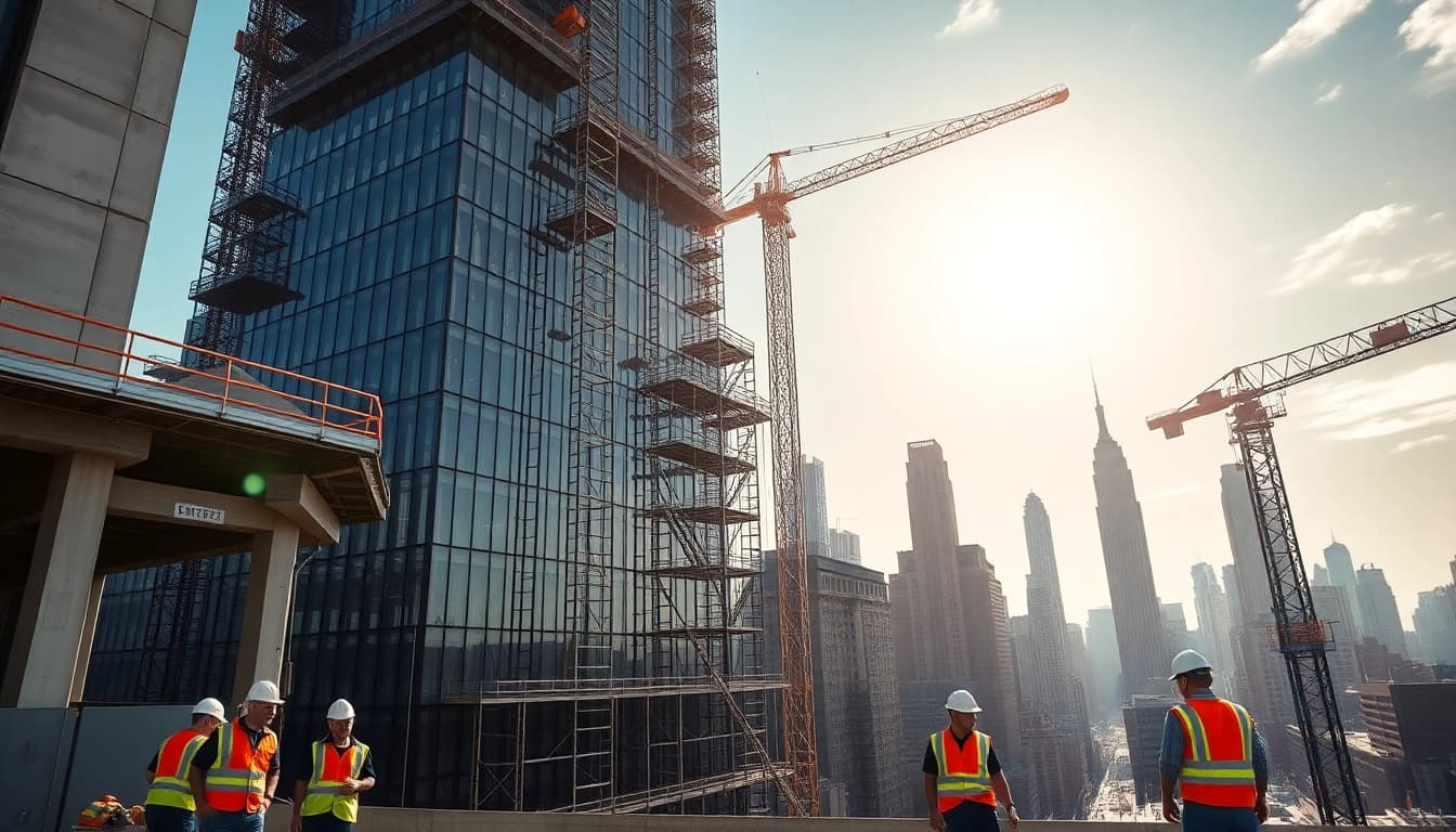 New York City Commercial General Contractor actively constructing a high-rise in a vibrant urban environment.
