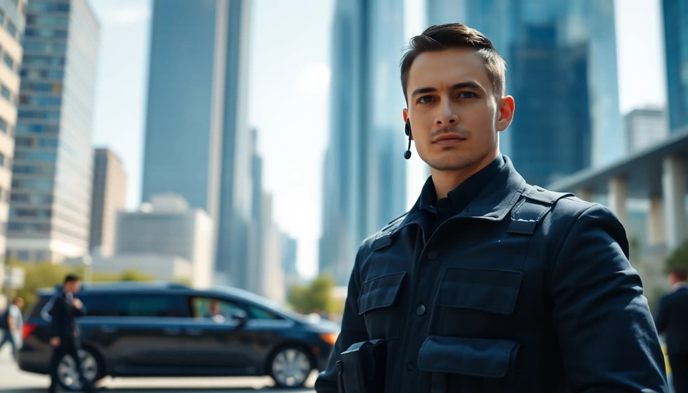 Personal security guard monitoring an urban environment with professionalism and vigilance.