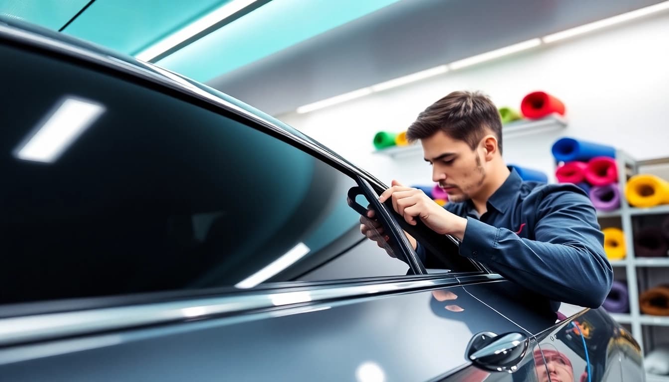 Installing window tint Chattanooga on a car by a technician in a modern workspace.