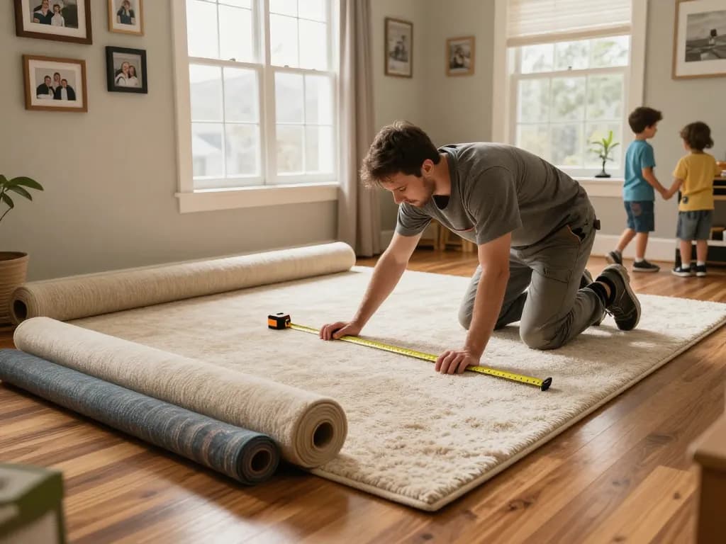 Home carpet fitting services demonstrated by a skilled installer in a cozy living room.