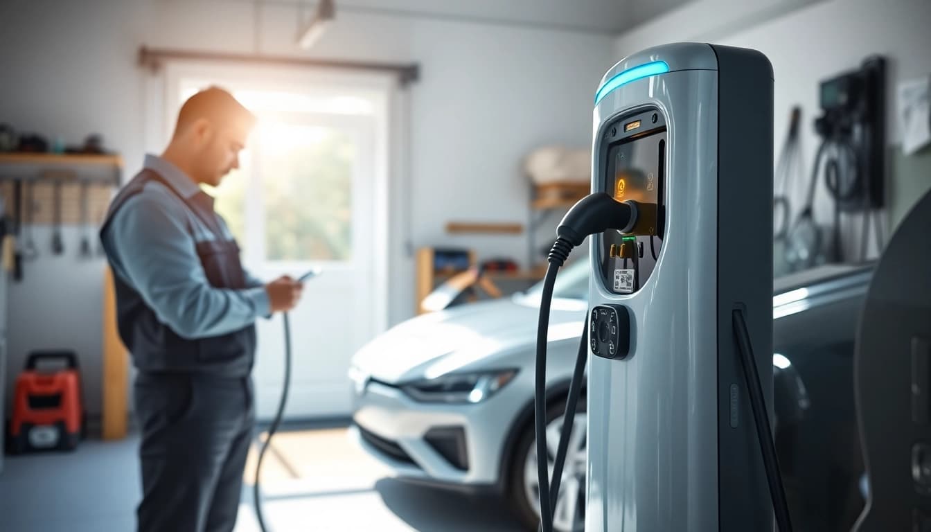 McNally EV charger installation by a technician in a modern garage setting.