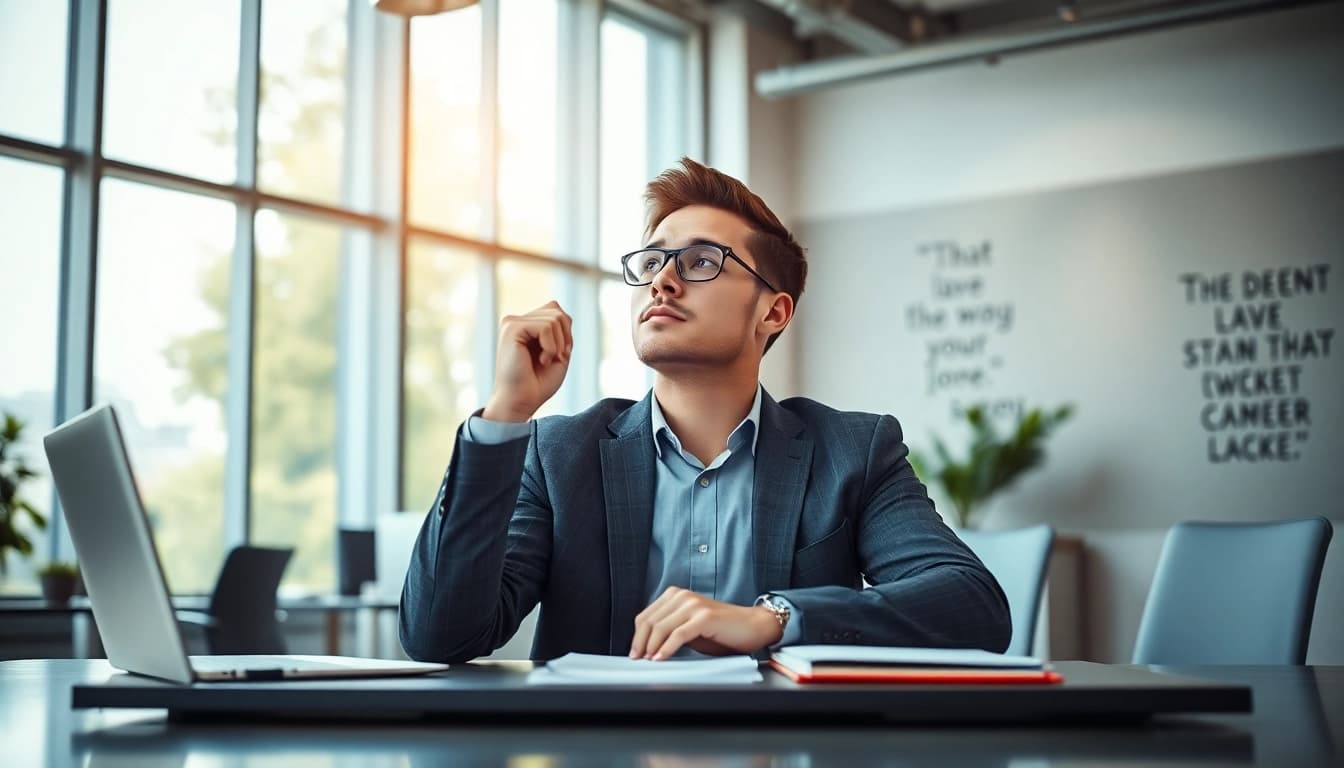 Visualize an individual contemplating their Ideal career in a bright office setting with motivational decor.
