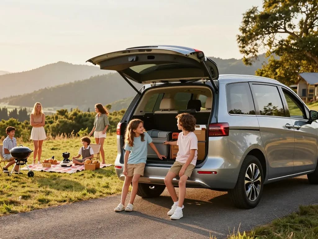 Happy family loading luggage into a spacious minivan for a road trip.