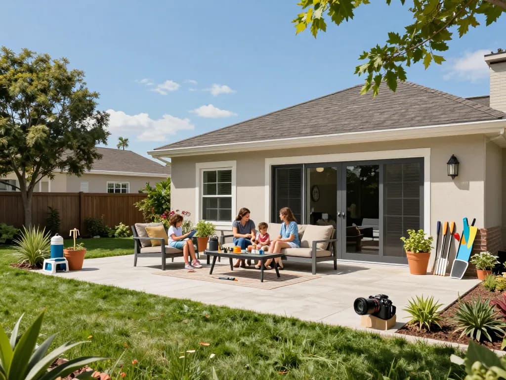 Family enjoying time on a stylish veranda configurator designed space with garden decor.