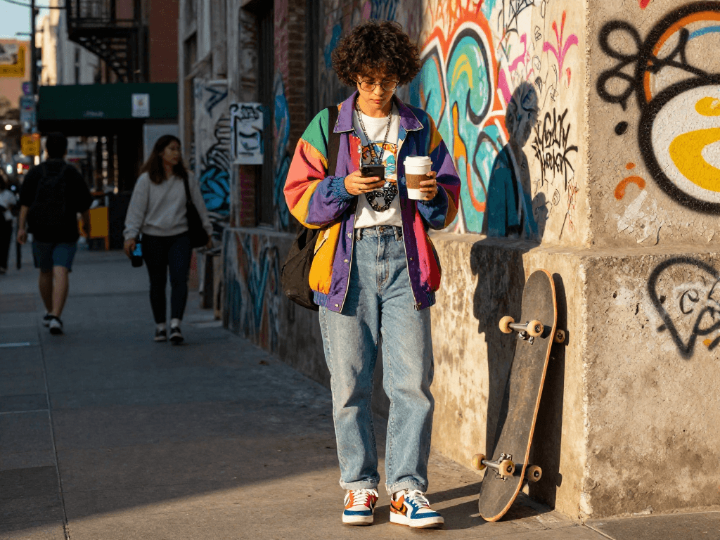 NSFW urban lifestyle fashion scene showing individual in trendy streetwear checking phone amidst vibrant city activity.