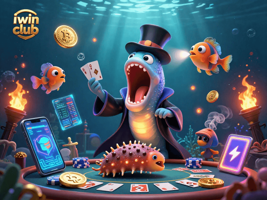 Join the fun at iwin club with a magical poker scene featuring quirky sea creatures and crypto elements.