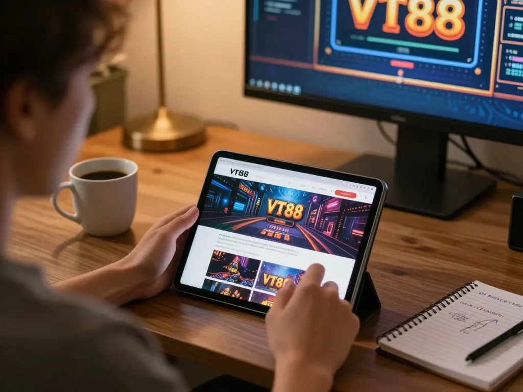 Experience online gaming seamlessly at the vt88 homepage, showcasing dynamic tablet interaction with vibrant casino graphics.