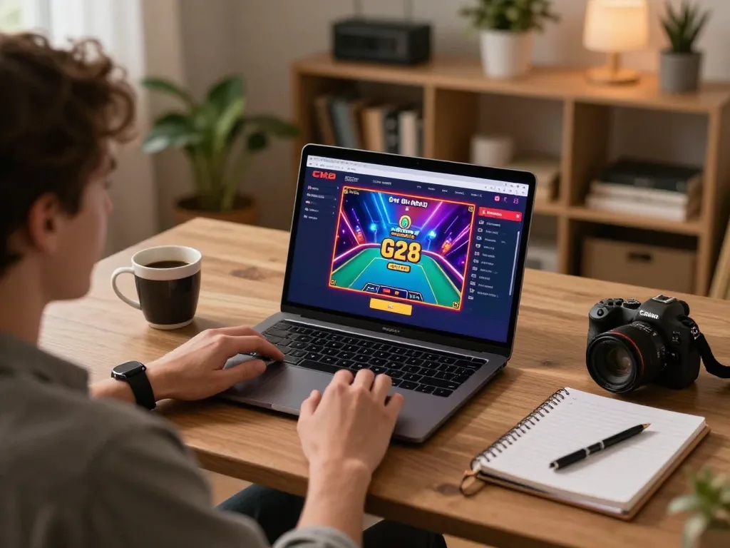 Player engaging with G28 online casino from home, laptop showing vibrant gaming interface, cozy atmosphere.