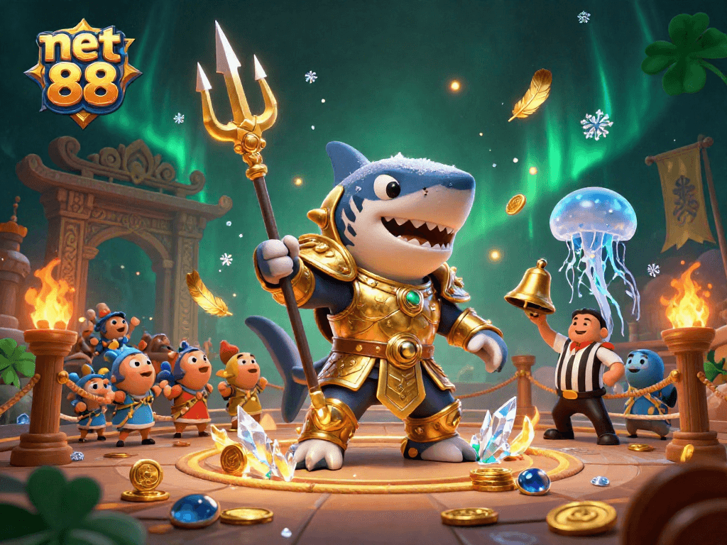 Experience the thrill of net 88 in a vibrant casino scene with a golden gladiator tiger shark.