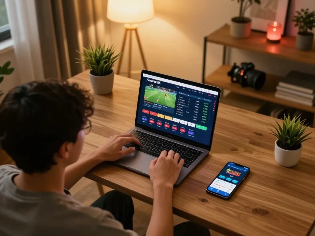 Keonhacai5 user analyzing sports betting odds on a laptop in a cozy home setting.