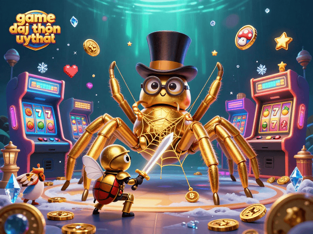 Engage in game đổi thưởng uy tín with playful characters and slot elements in vibrant 3D illustration.
