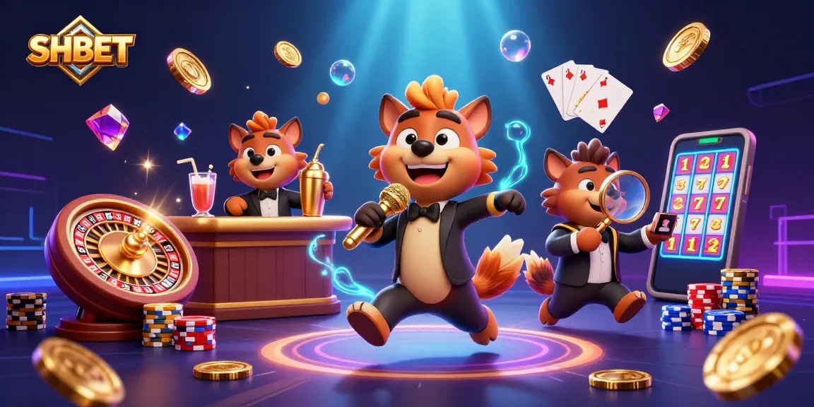 Engage with SHBET's vibrant comedy casino scene featuring hyenas, roulette, and golden coins.
